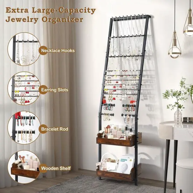Alt view image 2 of 7 - Large Jewelry Organizer Wall with Earring, Necklace, Bracelet & Watch Holder - Stand Display for Rings