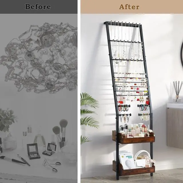 Alt view image 4 of 7 - Large Jewelry Organizer Wall with Earring, Necklace, Bracelet & Watch Holder - Stand Display for Rings