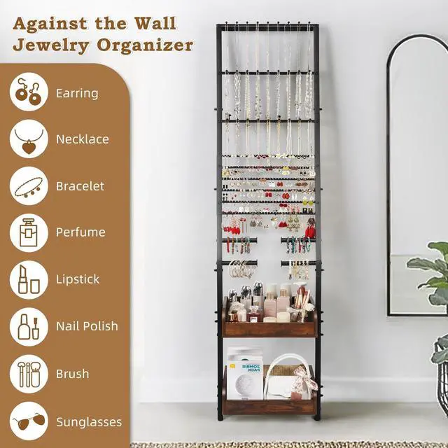 Alt view image 3 of 7 - Large Jewelry Organizer Wall with Earring, Necklace, Bracelet & Watch Holder - Stand Display for Rings