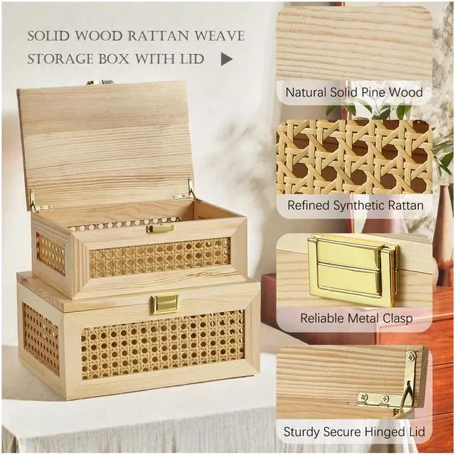 Alt view image 2 of 7 - 2PCS Decorative Rattan Storage Boxes Solid Wood Baskets Bins with Lid Keepsake Memory Jewelry Box Natural Boho Shelf Wicker Closet Desk Organizer Container (Light Wood, 1 Large 1 Small)