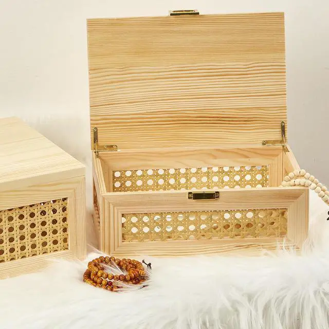 Alt view image 4 of 7 - 2PCS Decorative Rattan Storage Boxes Solid Wood Baskets Bins with Lid Keepsake Memory Jewelry Box Natural Boho Shelf Wicker Closet Desk Organizer Container (Light Wood, 1 Large 1 Small)