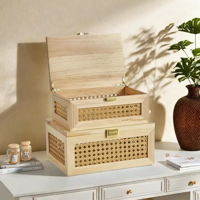 Alt view image 5 of 7 - 2PCS Decorative Rattan Storage Boxes Solid Wood Baskets Bins with Lid Keepsake Memory Jewelry Box Natural Boho Shelf Wicker Closet Desk Organizer Container (Light Wood, 1 Large 1 Small)