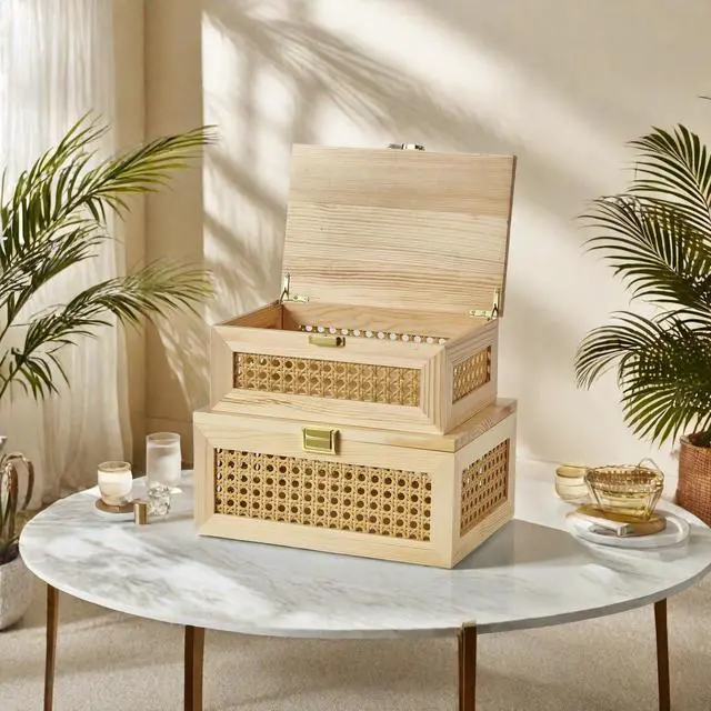Alt view image 6 of 7 - 2PCS Decorative Rattan Storage Boxes Solid Wood Baskets Bins with Lid Keepsake Memory Jewelry Box Natural Boho Shelf Wicker Closet Desk Organizer Container (Light Wood, 1 Large 1 Small)