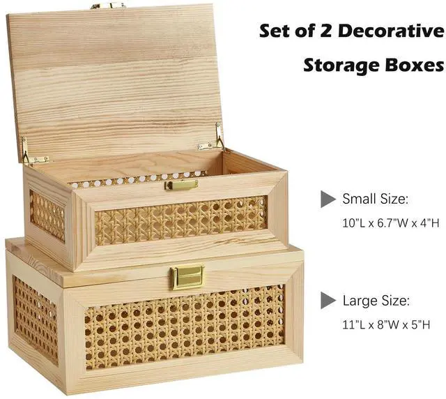 Alt view image 3 of 7 - 2PCS Decorative Rattan Storage Boxes Solid Wood Baskets Bins with Lid Keepsake Memory Jewelry Box Natural Boho Shelf Wicker Closet Desk Organizer Container (Light Wood, 1 Large 1 Small)