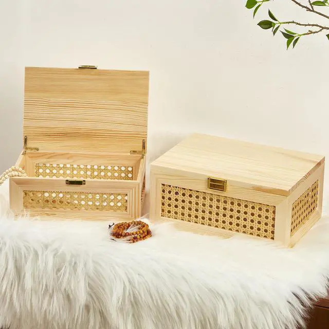Alt view image 7 of 7 - 2PCS Decorative Rattan Storage Boxes Solid Wood Baskets Bins with Lid Keepsake Memory Jewelry Box Natural Boho Shelf Wicker Closet Desk Organizer Container (Light Wood, 1 Large 1 Small)