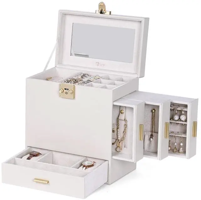 Main image of Jewelry Box with Mirror, 5-Layer Jewelry Organizer with 3 Side Drawers, Jewelry Display Box with Handle Design, Large Storage Capacity, Modern Style, Christmas Gift for Women