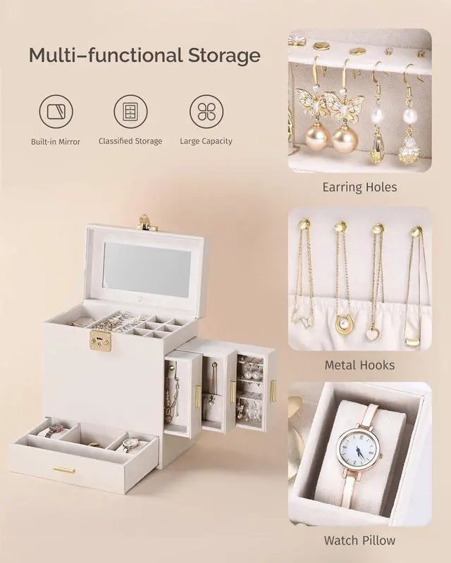 Alt view image 4 of 7 - Jewelry Box with Mirror, 5-Layer Jewelry Organizer with 3 Side Drawers, Jewelry Display Box with Handle Design, Large Storage Capacity, Modern Style, Christmas Gift for Women