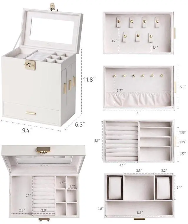 Alt view image 5 of 7 - Jewelry Box with Mirror, 5-Layer Jewelry Organizer with 3 Side Drawers, Jewelry Display Box with Handle Design, Large Storage Capacity, Modern Style, Christmas Gift for Women