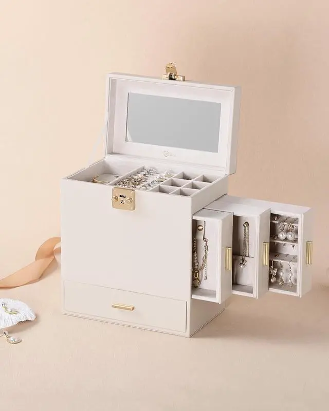 Alt view image 6 of 7 - Jewelry Box with Mirror, 5-Layer Jewelry Organizer with 3 Side Drawers, Jewelry Display Box with Handle Design, Large Storage Capacity, Modern Style, Christmas Gift for Women