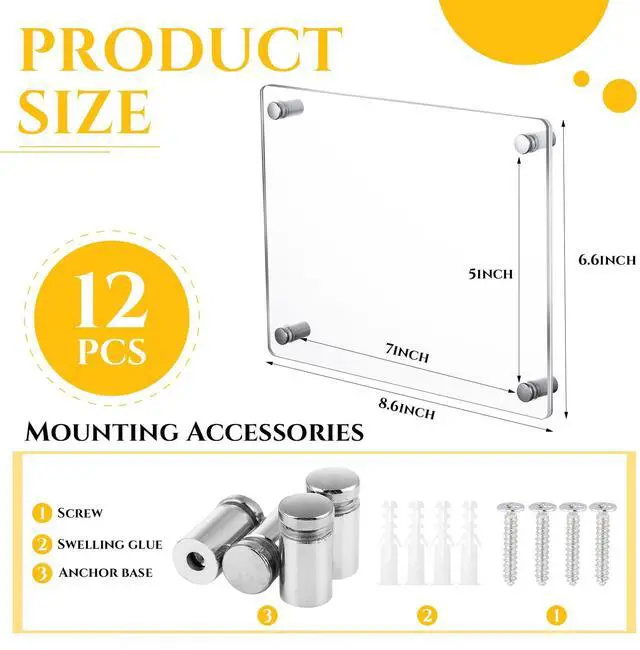 Alt view image 2 of 6 - 12 Pack Acrylic Picture Frames 5 x 7 Inches Floating Acrylic Photo Frame Clear Wall Mount Frameless with Metal Standoff for Christmas Home Artwork Display