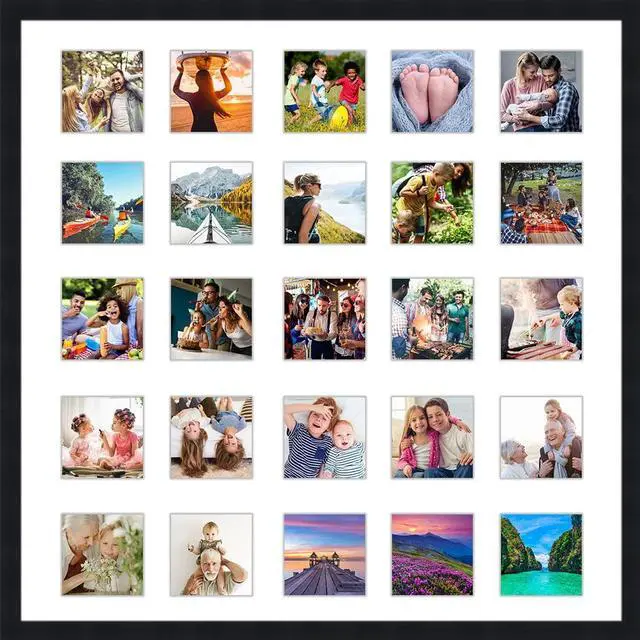 Main image of Black Collage Frame With Mat - 22x22 Solid Wood Frame For (25) 4" x 4" Photos - Black Matted Instagram 4x4 Collage Photo Frame with Mat with Multi Opening Picture Matte