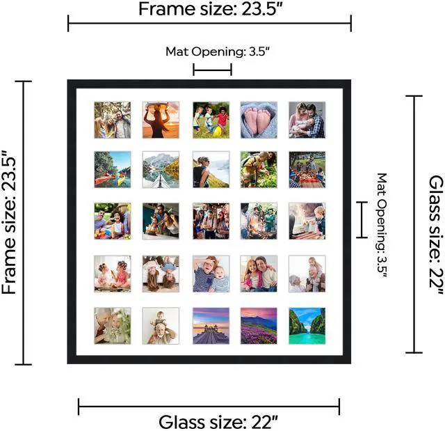 Alt view image 2 of 3 - Black Collage Frame With Mat - 22x22 Solid Wood Frame For (25) 4" x 4" Photos - Black Matted Instagram 4x4 Collage Photo Frame with Mat with Multi Opening Picture Matte