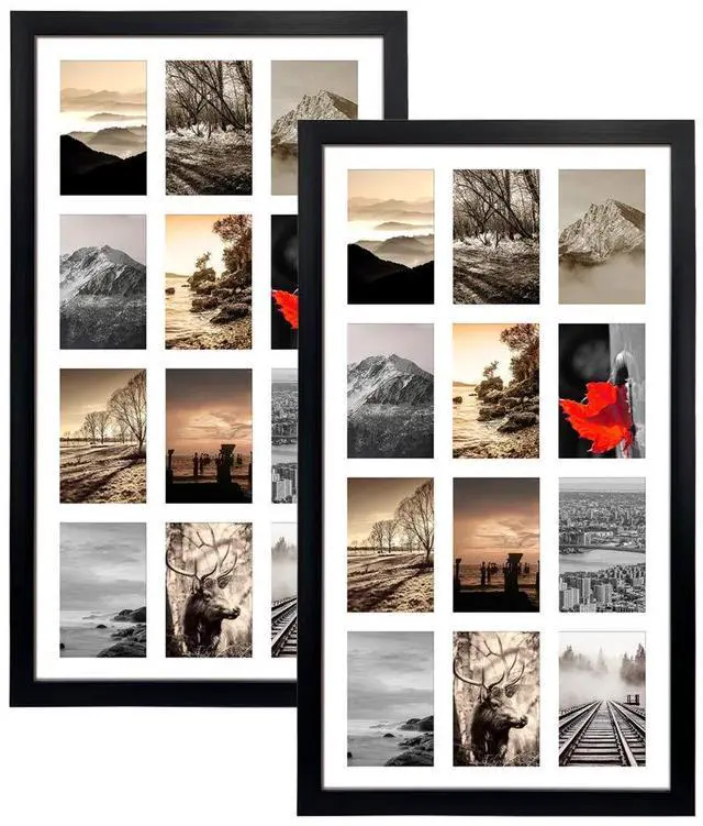 Main image of 12 Opening 4x6 Black Collage Picture Frames Set of 2, Multiple Frames for Displaying 6x4 Photos with White Mat
