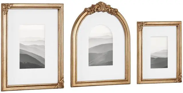 Main image of Arendahl Three-Piece Picture Frame Set, Antique Gold, Set of 3, Varying Sizes, Vintage Rectangle and Arched Photo Frame Set for Use as Gallery Wall Frames