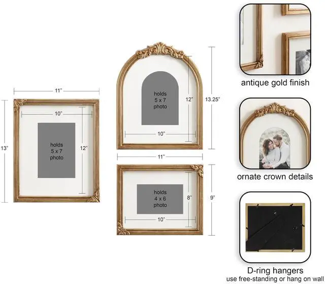 Alt view image 2 of 7 - Arendahl Three-Piece Picture Frame Set, Antique Gold, Set of 3, Varying Sizes, Vintage Rectangle and Arched Photo Frame Set for Use as Gallery Wall Frames