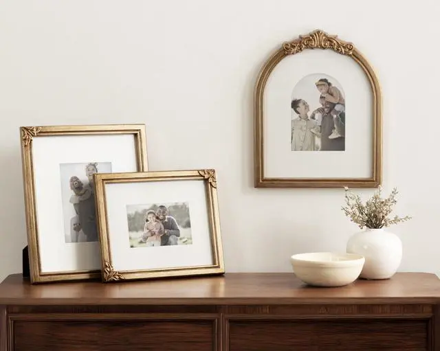 Alt view image 4 of 7 - Arendahl Three-Piece Picture Frame Set, Antique Gold, Set of 3, Varying Sizes, Vintage Rectangle and Arched Photo Frame Set for Use as Gallery Wall Frames