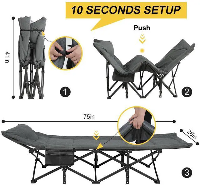 Alt view image 5 of 7 - Camping Cot for Adults with Cushion and Pillow, Portable Folding Bed for Sleeping, Lightweight Tent cot with Carry Bag Supports 450 lbs (Grey)