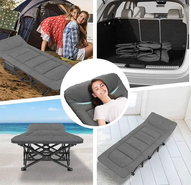 Alt view image 6 of 7 - Camping Cot for Adults with Cushion and Pillow, Portable Folding Bed for Sleeping, Lightweight Tent cot with Carry Bag Supports 450 lbs (Grey)