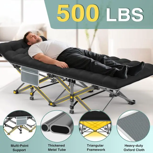 Alt view image 5 of 7 - Camping Cot for Adults, Heavy-Duty Portable Cot Bed with Mattress, Foldable Padded Sleeping Cots for Camping Travel Tent Day Bed Outdoor & Home Guest, Max Load 500 LBS, 75x28x15