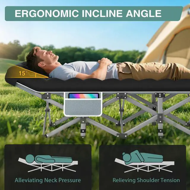Alt view image 4 of 7 - Camping Cot for Adults, Heavy-Duty Portable Cot Bed with Mattress, Foldable Padded Sleeping Cots for Camping Travel Tent Day Bed Outdoor & Home Guest, Max Load 500 LBS, 75x28x15