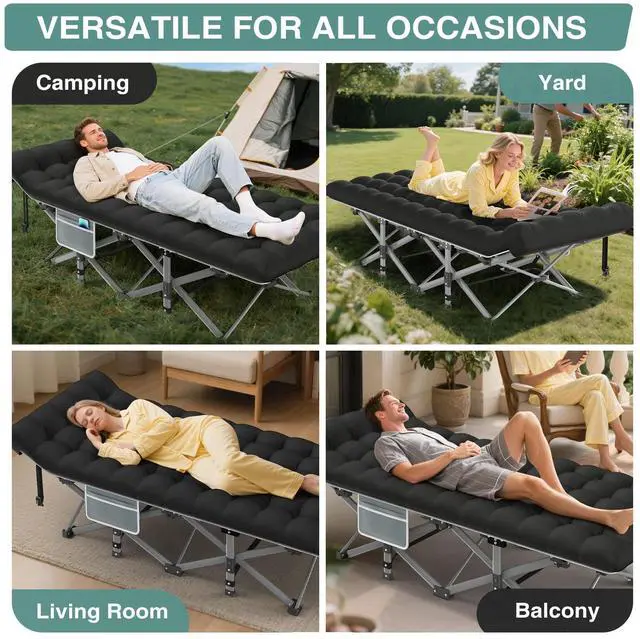 Alt view image 6 of 7 - Camping Cot for Adults, Heavy-Duty Portable Cot Bed with Mattress, Foldable Padded Sleeping Cots for Camping Travel Tent Day Bed Outdoor & Home Guest, Max Load 500 LBS, 75x28x15