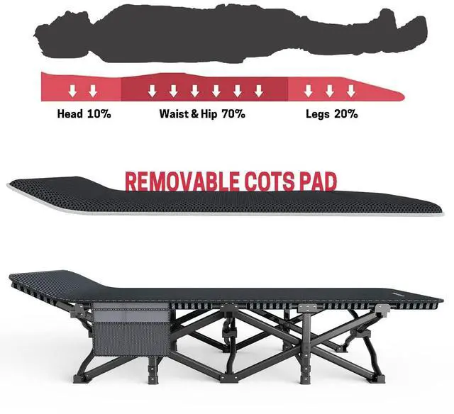 Alt view image 3 of 7 - Camping Cot for Adults with Cushion Comfortable, Tent Folding Cot for Sleeping, Lightweight Folding Bed with Carry Bag Supports 450 lbs