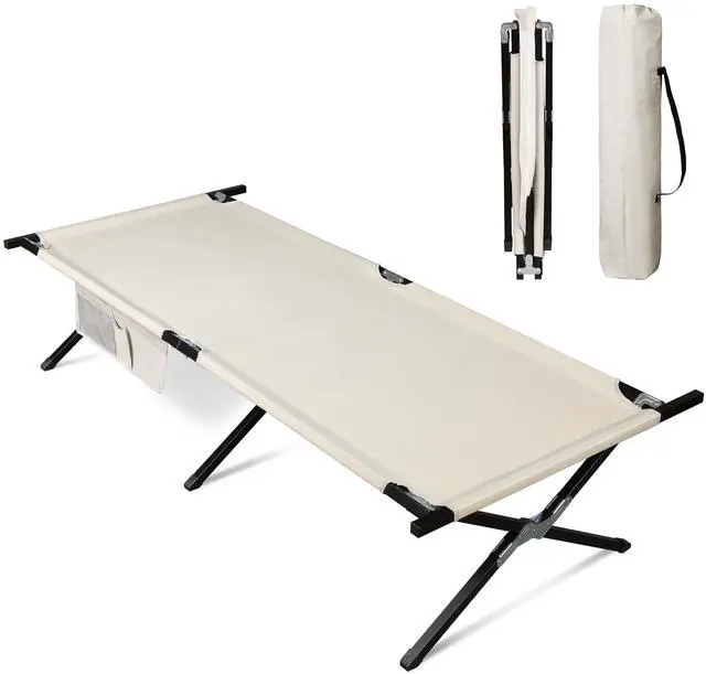 Main image of Military Camping Cot, Portable Folding Cots for Sleeping with Carry Bag, Outdoor Camping Bed for Adults with Side Pocket, Support 300 Lbs, Silver Greige