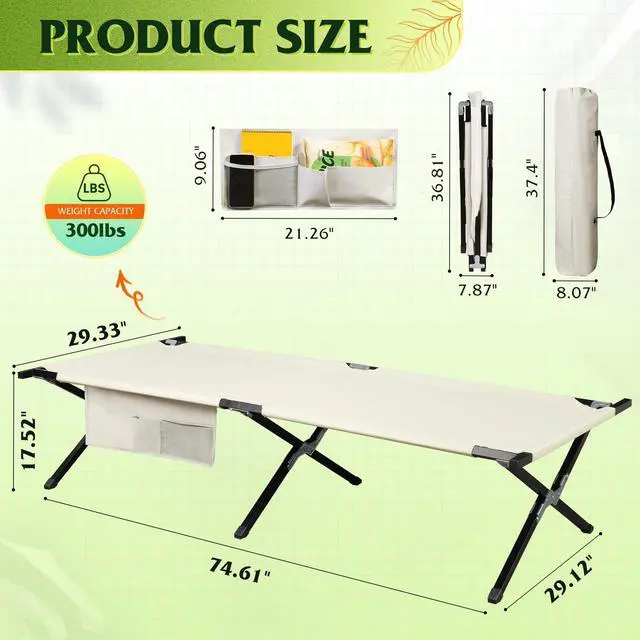 Alt view image 3 of 7 - Military Camping Cot, Portable Folding Cots for Sleeping with Carry Bag, Outdoor Camping Bed for Adults with Side Pocket, Support 300 Lbs, Silver Greige