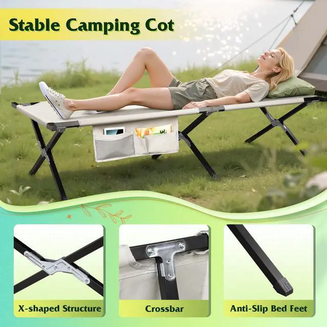 Alt view image 4 of 7 - Military Camping Cot, Portable Folding Cots for Sleeping with Carry Bag, Outdoor Camping Bed for Adults with Side Pocket, Support 300 Lbs, Silver Greige