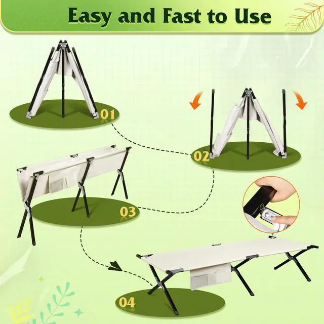 Alt view image 5 of 7 - Military Camping Cot, Portable Folding Cots for Sleeping with Carry Bag, Outdoor Camping Bed for Adults with Side Pocket, Support 300 Lbs, Silver Greige