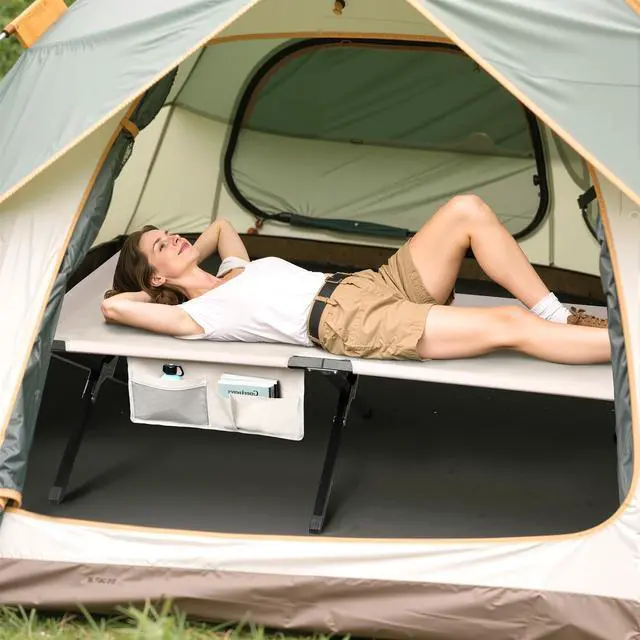 Alt view image 7 of 7 - Military Camping Cot, Portable Folding Cots for Sleeping with Carry Bag, Outdoor Camping Bed for Adults with Side Pocket, Support 300 Lbs, Silver Greige