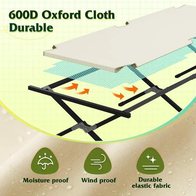 Alt view image 2 of 7 - Military Camping Cot, Portable Folding Cots for Sleeping with Carry Bag, Outdoor Camping Bed for Adults with Side Pocket, Support 300 Lbs, Silver Greige