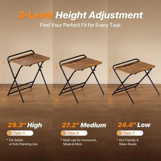Alt view image 3 of 7 - Folding Desk with 3-Level Adjustable Height and Tablet Slot, 24 Inch Foldable Computer Desk for Small Spaces, Space Saving, Writing Work Table for Home Office, Bedroom, Study, Rustic Brown