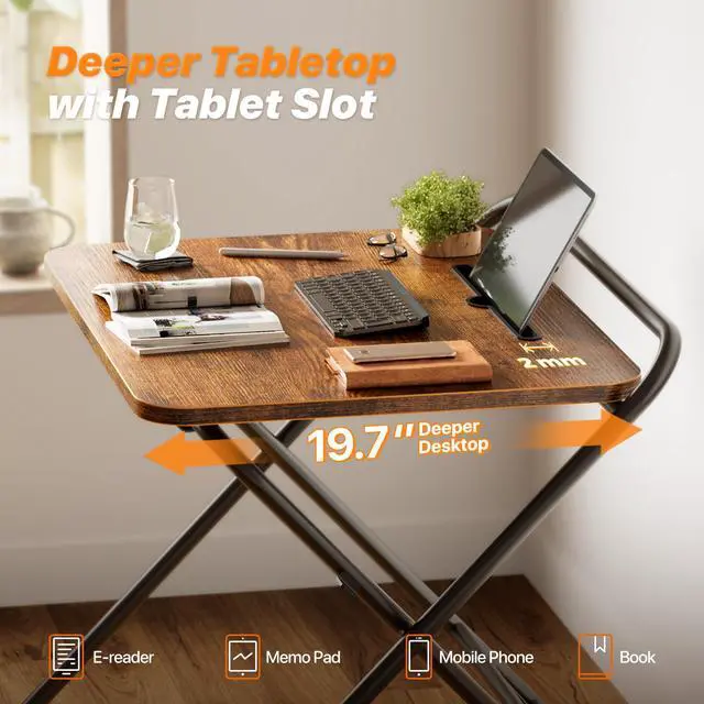 Alt view image 7 of 7 - Folding Desk with 3-Level Adjustable Height and Tablet Slot, 24 Inch Foldable Computer Desk for Small Spaces, Space Saving, Writing Work Table for Home Office, Bedroom, Study, Rustic Brown