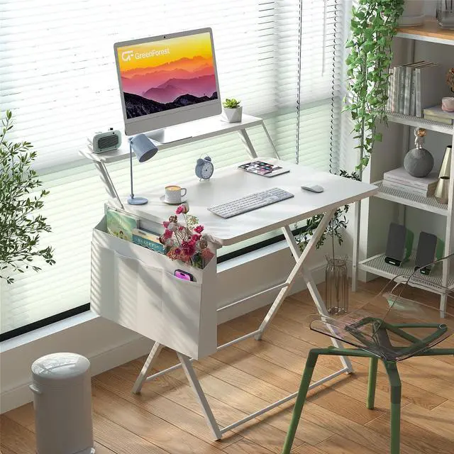 Alt view image 2 of 7 - Folding Desk for Small Spaces, 31.5 inch Foldable Table with Storage Bag, 2-Tier Portable Computer Desk with Monitor Stand for Home Bedroom, Pure White