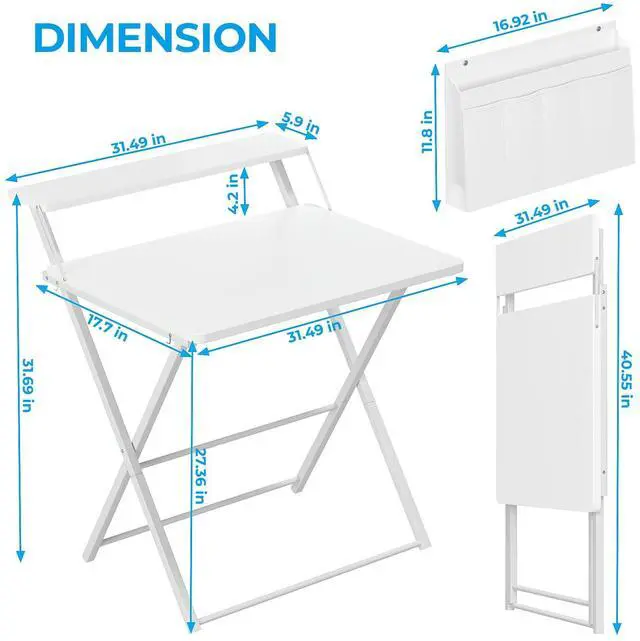 Alt view image 5 of 7 - Folding Desk for Small Spaces, 31.5 inch Foldable Table with Storage Bag, 2-Tier Portable Computer Desk with Monitor Stand for Home Bedroom, Pure White