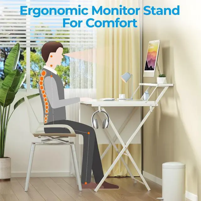 Alt view image 6 of 7 - Folding Desk for Small Spaces, 31.5 inch Foldable Table with Storage Bag, 2-Tier Portable Computer Desk with Monitor Stand for Home Bedroom, Pure White
