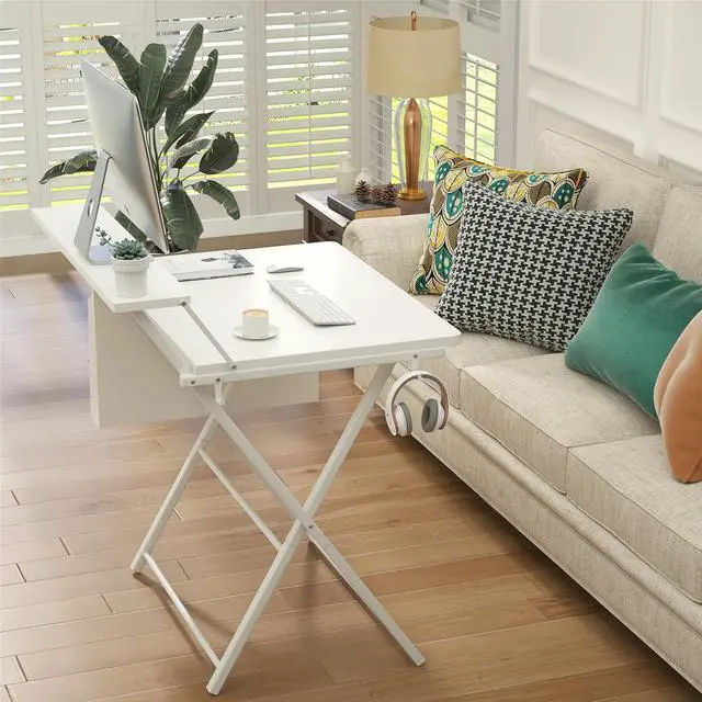 Alt view image 7 of 7 - Folding Desk for Small Spaces, 31.5 inch Foldable Table with Storage Bag, 2-Tier Portable Computer Desk with Monitor Stand for Home Bedroom, Pure White