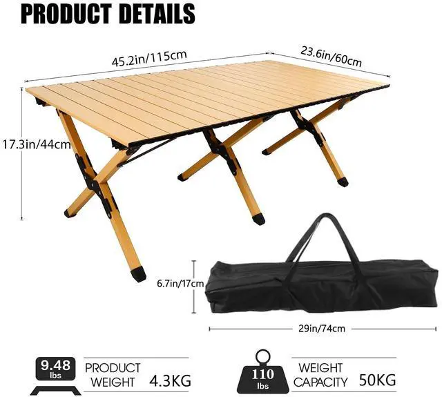 Alt view image 2 of 7 - Folding Camping Table, Lightweight Roll-Up Table Aluminum Low Portable Picnic Table with Carrying Bag for Outdoor, Beach, Picnic, Backyards, BBQ and Party, 45.2''D x 23.6''W x 17.3''H