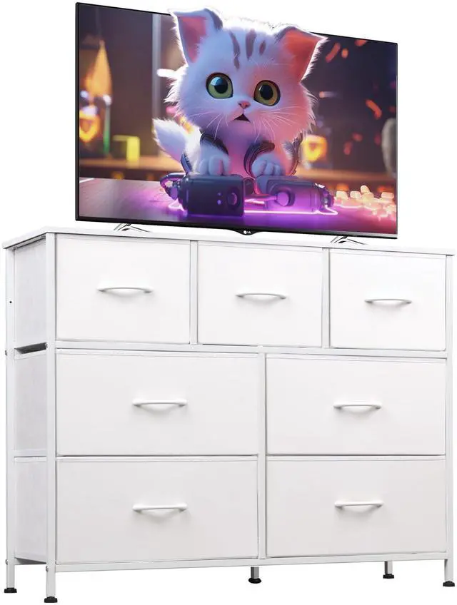 Main image of 7 Drawer Dresser TV Stand, Dressers for Bedroom, Fabric Storage Tower, Hallway, Entryway, Closets, Sturdy Steel Frame, Wood Top, Easy Pull Handle, White
