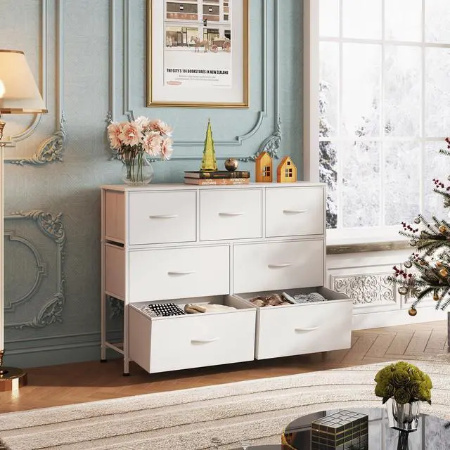 Alt view image 2 of 7 - 7 Drawer Dresser TV Stand, Dressers for Bedroom, Fabric Storage Tower, Hallway, Entryway, Closets, Sturdy Steel Frame, Wood Top, Easy Pull Handle, White
