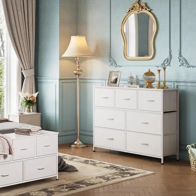 Alt view image 3 of 7 - 7 Drawer Dresser TV Stand, Dressers for Bedroom, Fabric Storage Tower, Hallway, Entryway, Closets, Sturdy Steel Frame, Wood Top, Easy Pull Handle, White