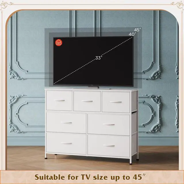 Alt view image 6 of 7 - 7 Drawer Dresser TV Stand, Dressers for Bedroom, Fabric Storage Tower, Hallway, Entryway, Closets, Sturdy Steel Frame, Wood Top, Easy Pull Handle, White