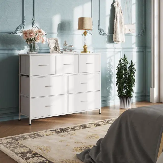 Alt view image 7 of 7 - 7 Drawer Dresser TV Stand, Dressers for Bedroom, Fabric Storage Tower, Hallway, Entryway, Closets, Sturdy Steel Frame, Wood Top, Easy Pull Handle, White