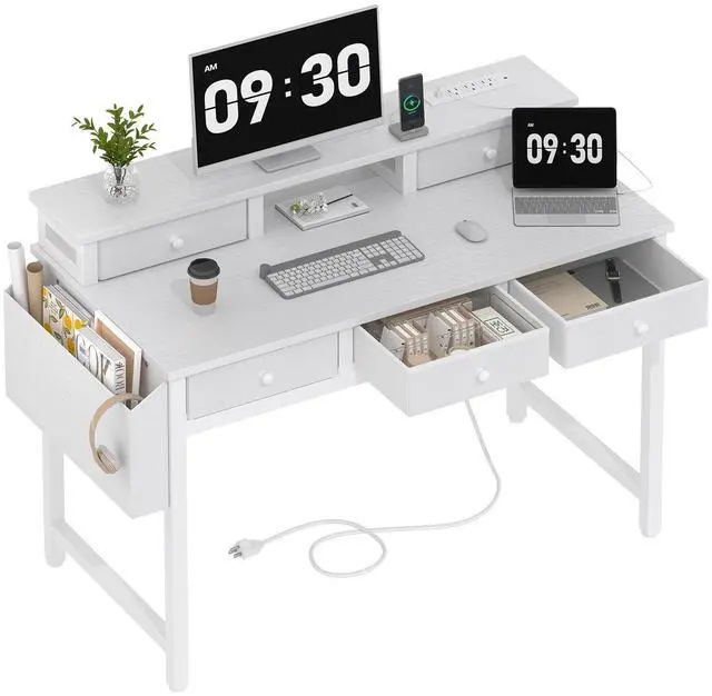 Main image of White Computer Desk with Fabric Drawers for Home Office, 40 inch Vanity Makeup Desk with Drawers Storage for Bedroom, Writing Study Table with Power Outlet & Monitor Stand, White