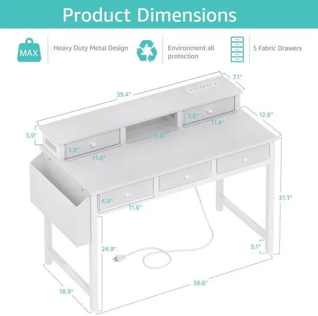 Alt view image 3 of 7 - White Computer Desk with Fabric Drawers for Home Office, 40 inch Vanity Makeup Desk with Drawers Storage for Bedroom, Writing Study Table with Power Outlet & Monitor Stand, White