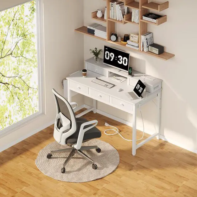 Alt view image 2 of 7 - White Computer Desk with Fabric Drawers for Home Office, 40 inch Vanity Makeup Desk with Drawers Storage for Bedroom, Writing Study Table with Power Outlet & Monitor Stand, White