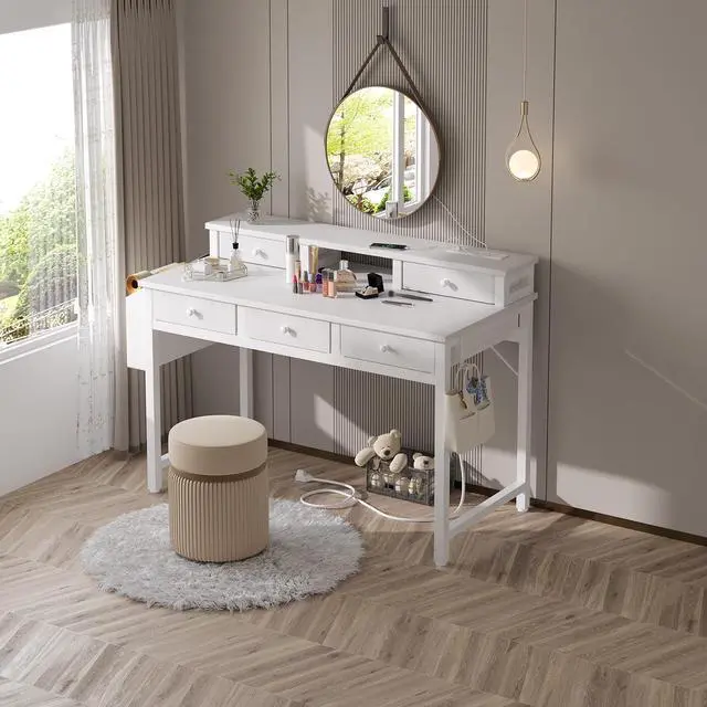 Alt view image 4 of 7 - White Computer Desk with Fabric Drawers for Home Office, 40 inch Vanity Makeup Desk with Drawers Storage for Bedroom, Writing Study Table with Power Outlet & Monitor Stand, White