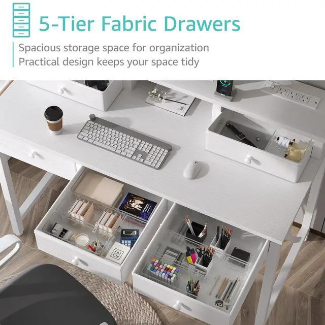 Alt view image 5 of 7 - White Computer Desk with Fabric Drawers for Home Office, 40 inch Vanity Makeup Desk with Drawers Storage for Bedroom, Writing Study Table with Power Outlet & Monitor Stand, White