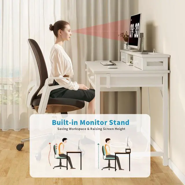 Alt view image 7 of 7 - White Computer Desk with Fabric Drawers for Home Office, 40 inch Vanity Makeup Desk with Drawers Storage for Bedroom, Writing Study Table with Power Outlet & Monitor Stand, White